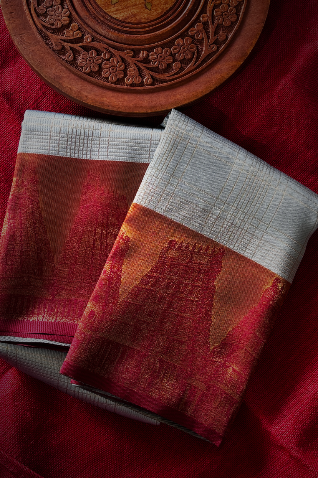 Gopuram Semi Soft Silk Ice Blue Red