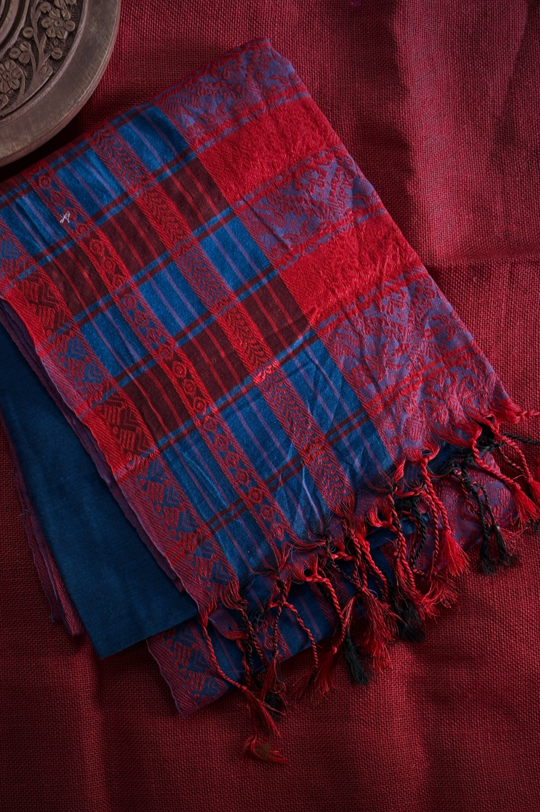 Kadhi Long Border Blue & Red Saree