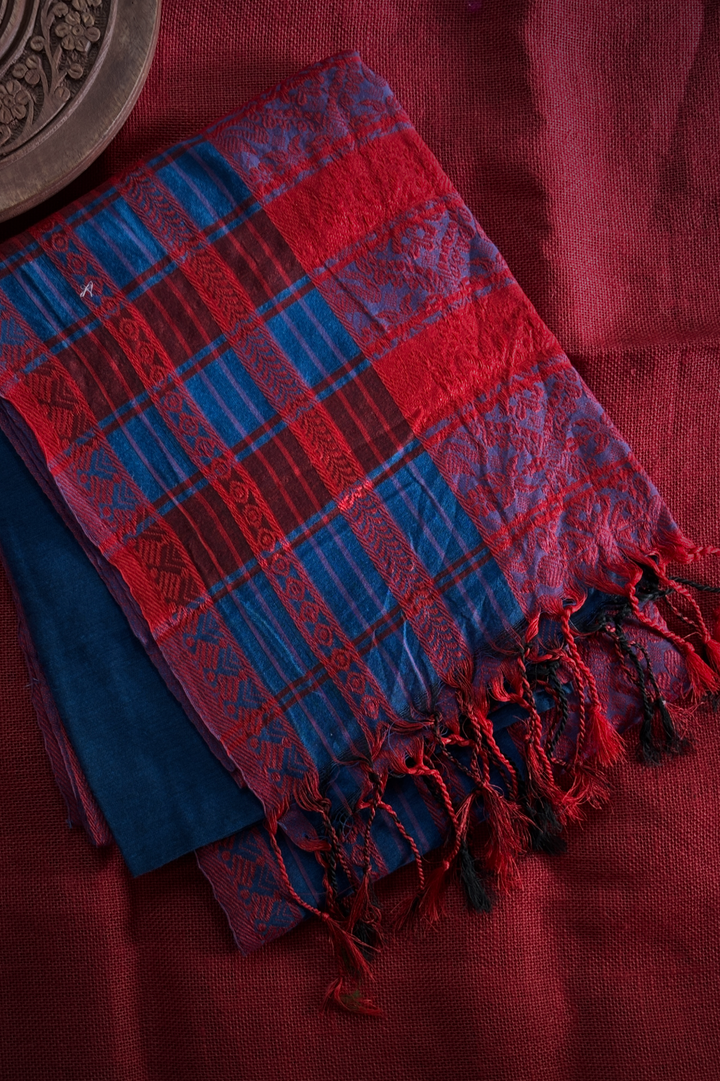 Kadhi Long Border Blue & Red Saree