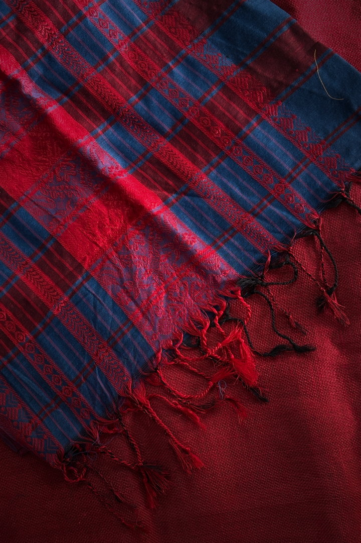 Kadhi Long Border Blue & Red Saree