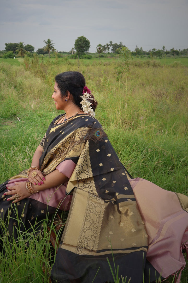 Maha Black Banarasi Semi Katan Silk